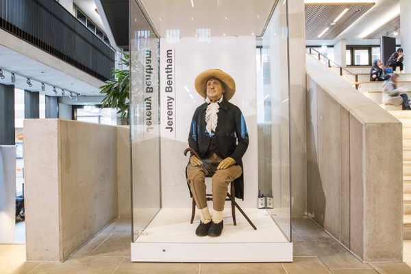 Jeremy Bentham’s Auto-Icon in its new location in 2020