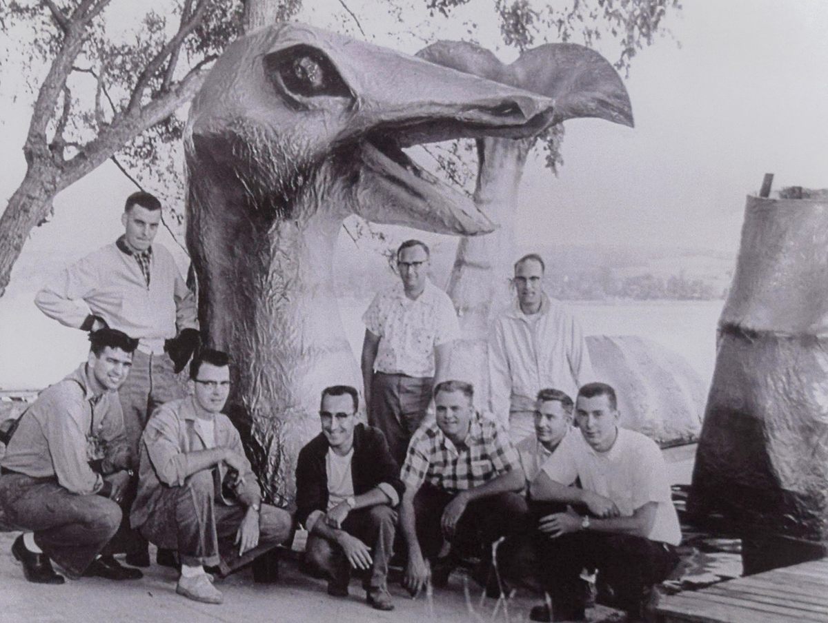 The 1962 "friendly looking" version of Perry's monstrous resident, shown here, met the same fiery end as several other Silver Lake sea serpents.