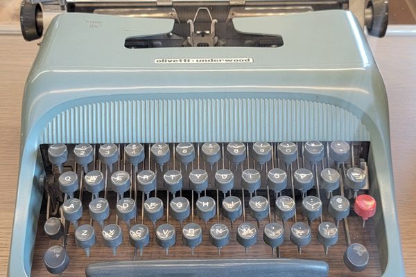 One of Roth’s typewriters is on display here.