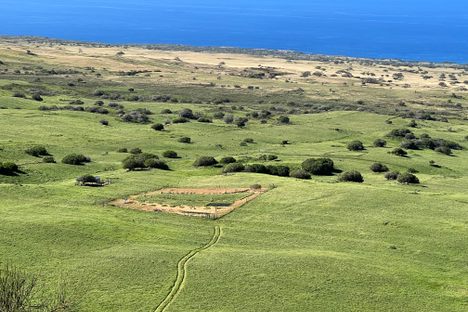 A garden (here, the square patch) sits in the center of the “sweet spot,” a stretch of land that gets just the right amount of rain for crops.