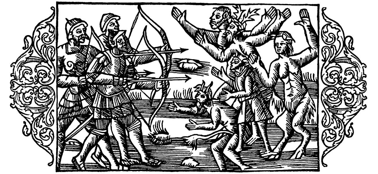 Forest spirits were often envisioned as a threat to human beings, as in this 16th-century Swedish woodcut depicting "combat with sirens of the wood."