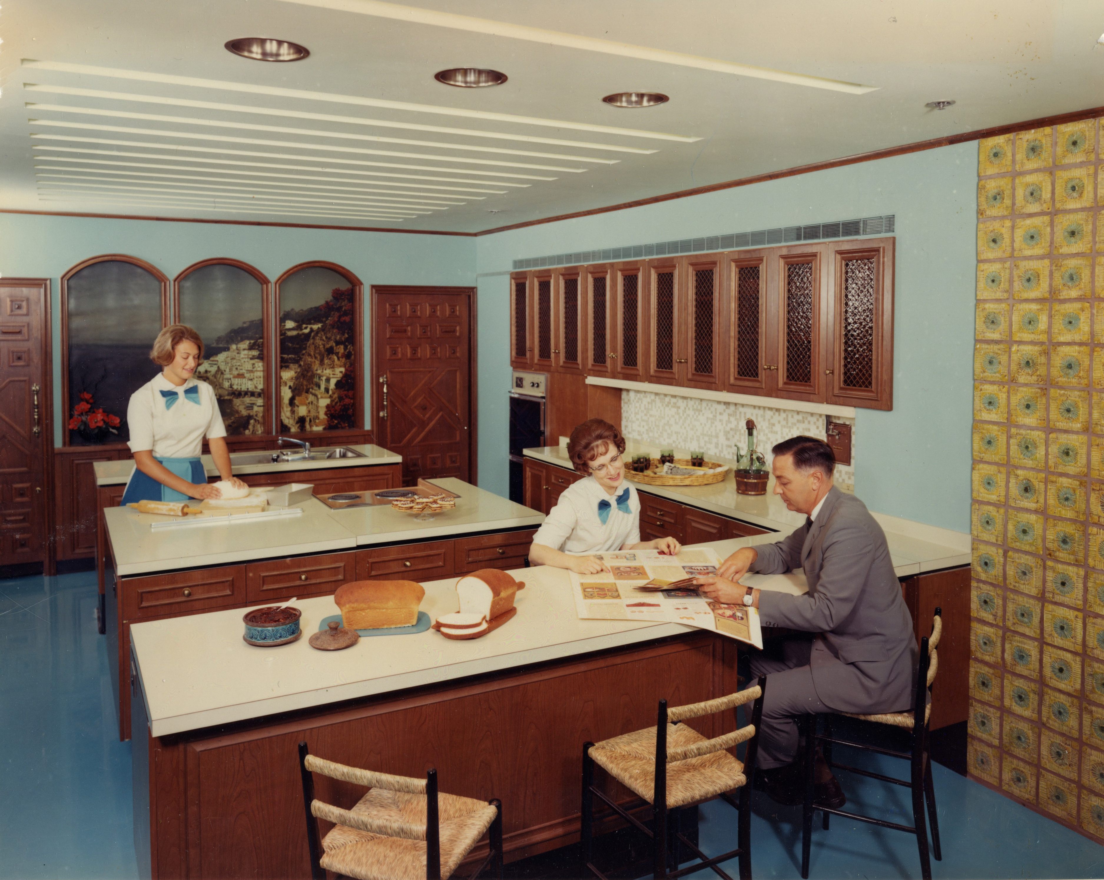 General Mills even developed the test kitchens as a tourist attraction. Here, the Mediterranean themed kitchen hosts a bread photoshoot.