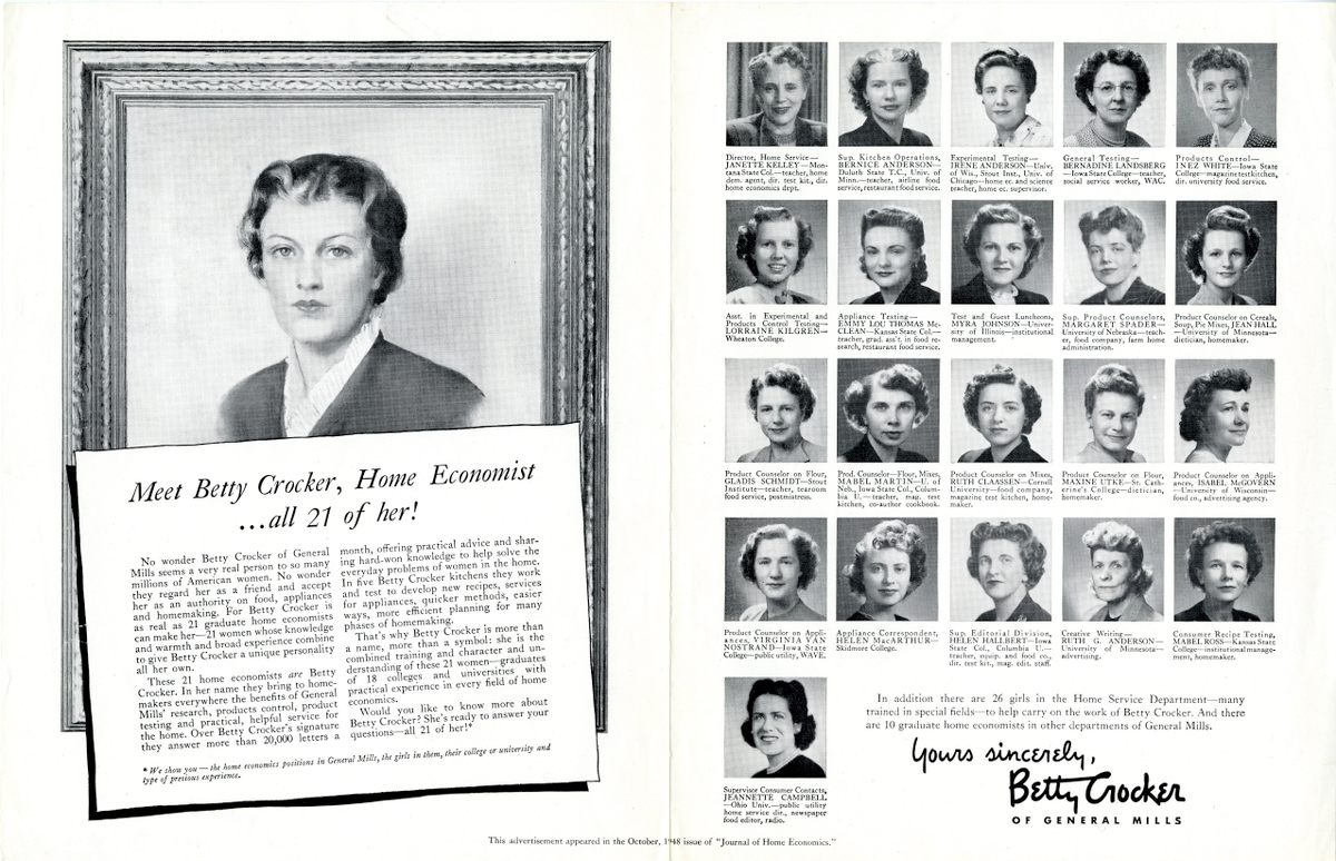 This 1948 advertisement for Betty Crocker trumpeted the accomplishments and degrees of its home economists.