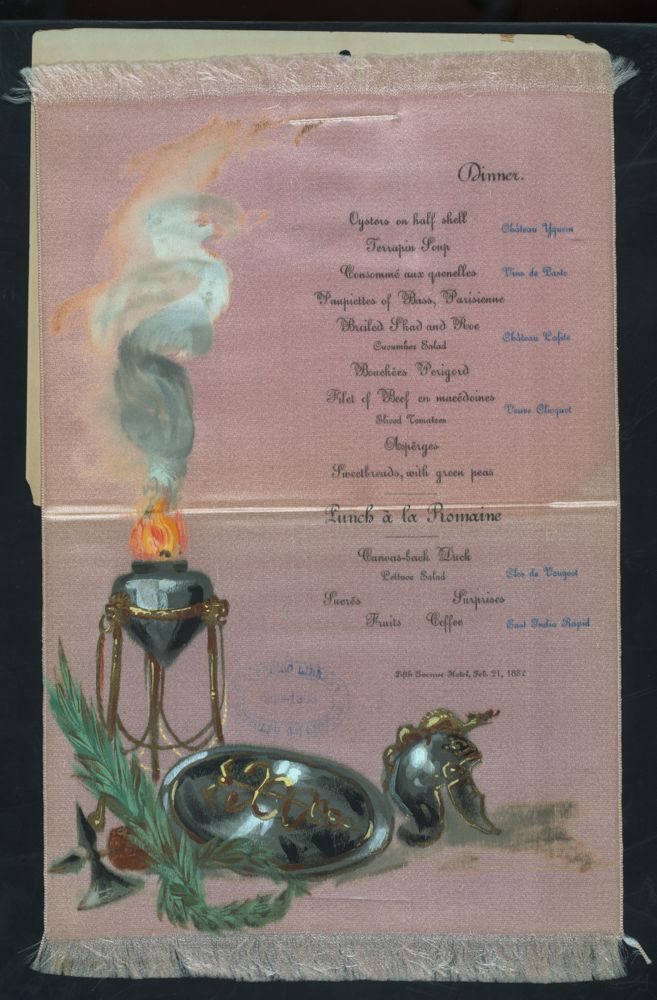 An upscale dinner menu from Fifth Avenue Hotel printed on pink silk.