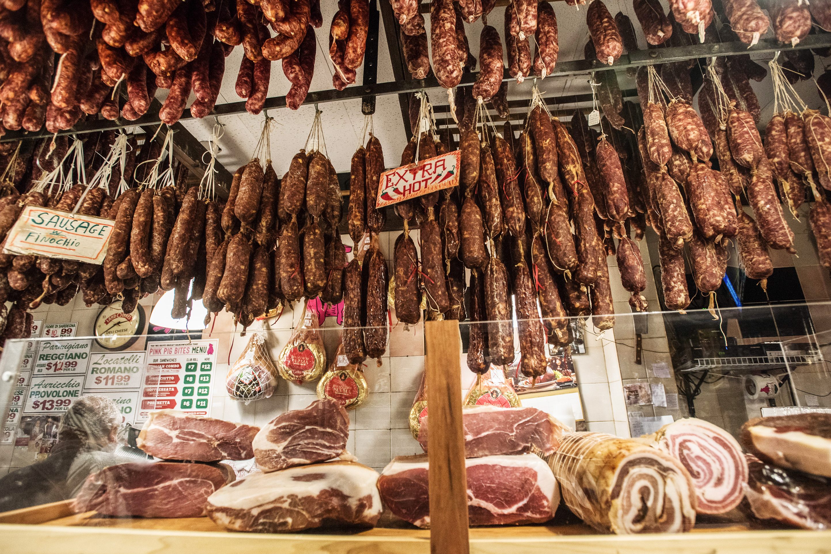 The Sausage Chandelier at Calabria Pork Store will light up any meat lover’s day.